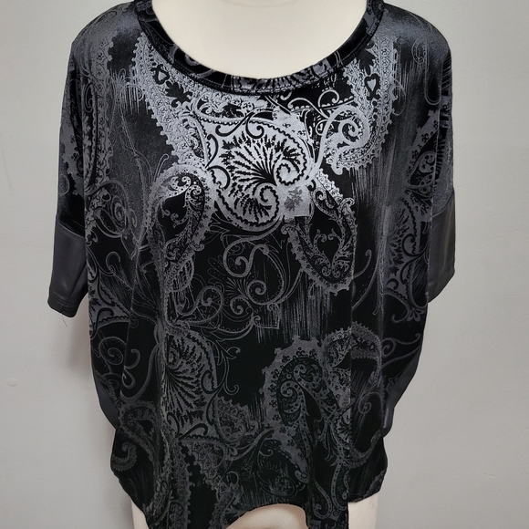 Bke black paisley velvet faux leather chiffon combo blouse size large - Picture 4 of 11